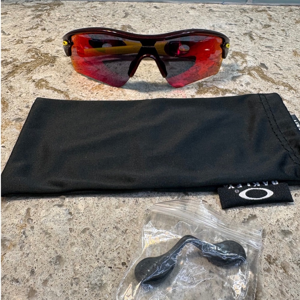 VTG Oakley M Frame Sunglasses Red Frame with Yellow Earsocks Y2K w/ nose piece